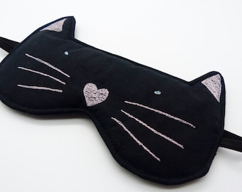 Sleep mask , eye mask. Cat sleep mask. Embroidery eye mask, cat mask, travel mask in black with white embroidery.