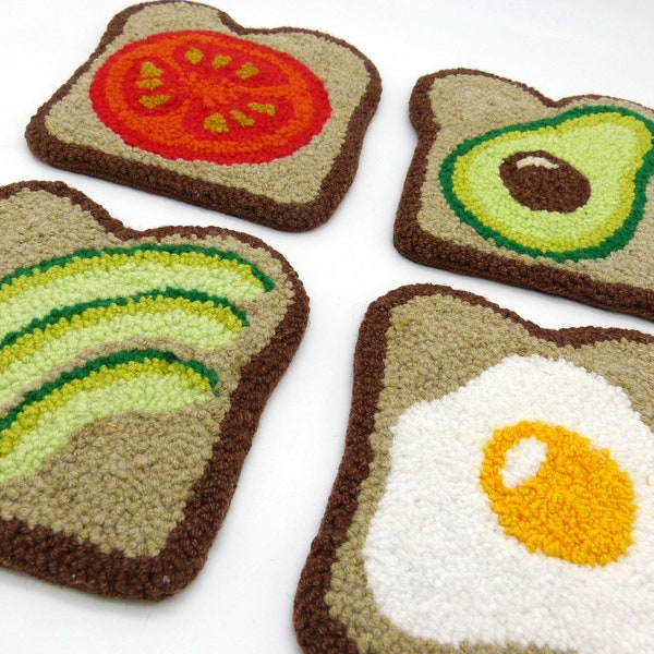 Breakfast coaster. Needle punch coasters -egg on toast, avocado, on toast, tomato on toast.