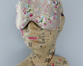 Sleep mask in ditsy floral satin print. Luxury floral satin eye mask.