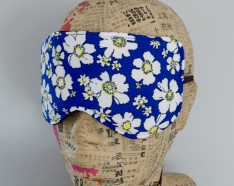 Sleep mask in daisy floral satin print. Luxury floral satin eye mask.