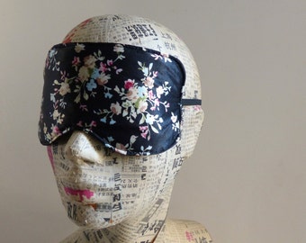 Sleep mask in ditsy floral satin print. Luxury floral satin eye mask.