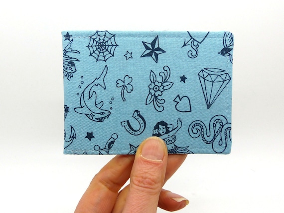 oyster card sleeve Handmade Tattoo Print Oyster Card Holder: Blue Travel Wallet