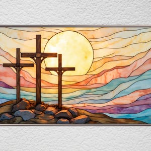 Stained Glass Three Crosses – Resurrection Frame TV Art (4K JPG File)