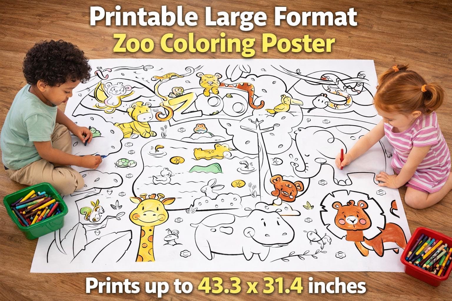 Giant Zoo Coloring Printable Poster for Kids – Large Jungle Animal ...