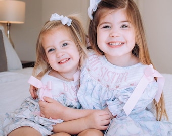 Big Sister Smocked Dress, Gender Reveal Outfit, Big Sister White, Pink & Blue Dress, Smocked Floral Dress, Smocked Bishop Big Sister Dress