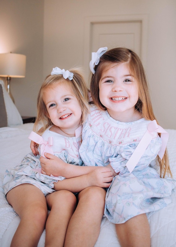 blue big sister smocked dress Dress, Gender Reveal Outfit, Big Sister White, Pink & Dress, Smocked Floral Dress, Smocked Bishop Big Sister and milestone moments.Sizes #SMAF Daphne A-Line Ivory Wedding Waist:50