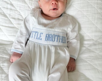 Little Brother Smocked Footie, Newborn Gift, Smocked Sibling Set, Little Brother Gift, Baby Footie, Smocked Gift, Newborn Gift