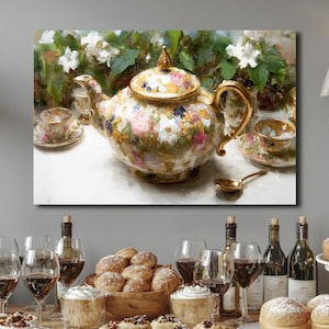 May include: A still-life painting of a floral tea set with a teapot, teacups, and a spoon. The teapot is adorned with pink, yellow, and blue flowers. The table also features wine glasses, bottles of wine, and pastries.