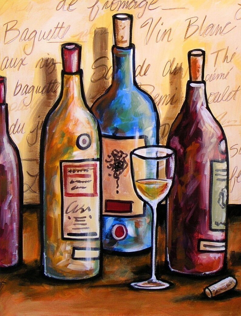 Wine Art Print Abstract Bottles and Glasses...french Accent Etsy