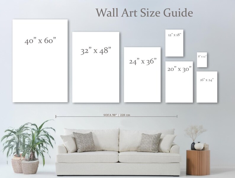 May include: A guide to wall art sizes, showing different sizes of artwork displayed above a sofa. The sizes are listed in inches, with the largest being 40 inches by 60 inches and the smallest being 16 inches by 24 inches.