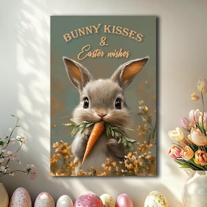 May include: A cute cartoon bunny rabbit with gray fur is holding a carrot in its mouth. The bunny is surrounded by yellow and green flowers. The text "Bunny Kisses & Easter Wishes" is written in brown letters on a light green background.