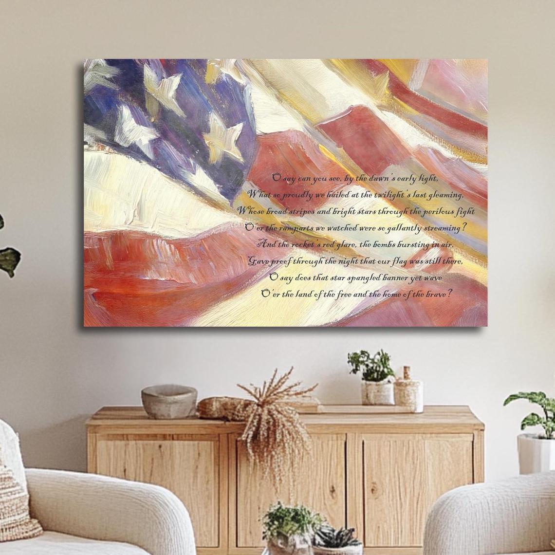 American flag wall art, patriotic art, vintage Old Glory USA home decor sign, Star Spangled Banner National Anthem song lyrics wall decor