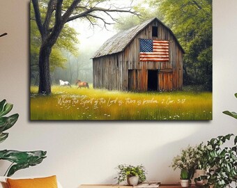 Large American Flag Wall Art Canvas Print Vintage Barn Horses Oil Painting Bible Verse Christian USA Home Decor Patriotic Gift 2 Cor. 3