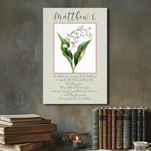 Christian wall art, Physical print Bible verse home decor, lilies canvas art print, scripture wall art, Christian gift, Matthew 6 sign