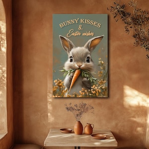 May include: A cute cartoon bunny rabbit with a pink nose and big brown eyes is holding a carrot in its paws. The bunny is surrounded by yellow flowers and the text "Bunny Kisses & Easter Wishes" is written above the bunny.