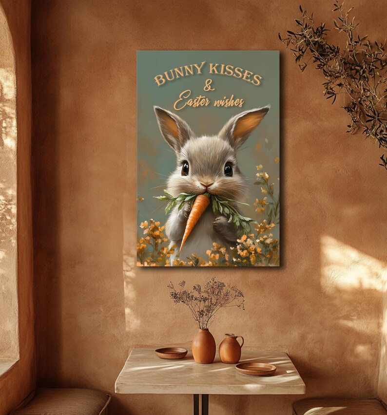 May include: A cute cartoon bunny rabbit with a pink nose and big brown eyes is holding a carrot in its paws. The bunny is surrounded by yellow flowers and the text "Bunny Kisses & Easter Wishes" is written above the bunny.