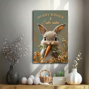 May include: A cute cartoon bunny rabbit with big brown eyes is holding a carrot in its mouth. The bunny is surrounded by yellow flowers and green leaves. The text "Bunny Kisses & Easter Wishes" is written in a brown font above the bunny.