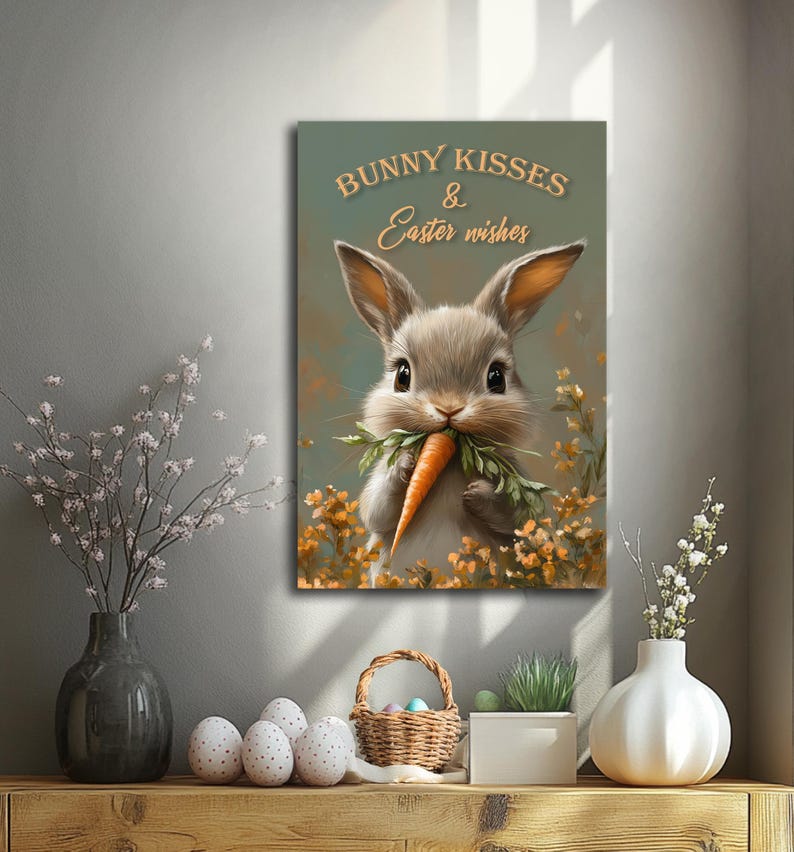 May include: A cute cartoon bunny rabbit with big brown eyes is holding a carrot in its mouth. The bunny is surrounded by yellow flowers and green leaves. The text "Bunny Kisses & Easter Wishes" is written in a brown font above the bunny.