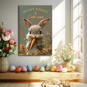 May include: A cute cartoon bunny rabbit with a carrot in its mouth. The bunny is surrounded by flowers and the text "Bunny Kisses & Easter Wishes" is above the bunny.