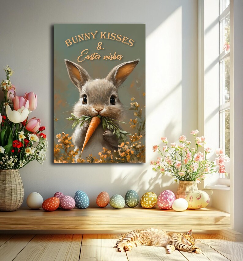 May include: A cute cartoon bunny rabbit with a carrot in its mouth. The bunny is surrounded by flowers and the text "Bunny Kisses & Easter Wishes" is above the bunny.