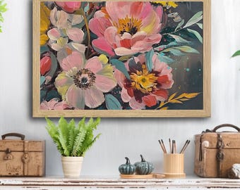Dark Abstract Floral Art Print Lively Boho Colorful Paper Reproduction Botanical Flowers Mantle Entryway Wall Home Decor Accent Gift Idea