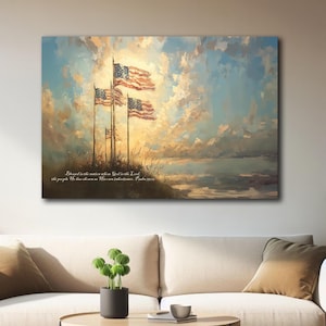 May include: A painting of three American flags waving in the wind against a backdrop of a blue sky with white clouds. The flags are on tall poles and are set against a background of a body of water. The text "Blessed is the nation whose God is the Lord, the people He has chosen as His own inheritance. Psalm 33:12" is at the bottom of the painting.