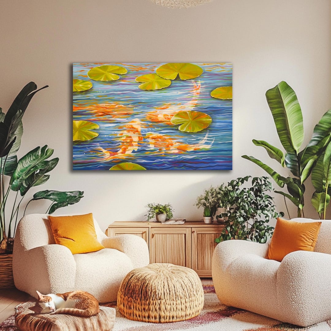 Koi Fish Pond Painting Trendy Wall Art Canvas Print Modern Abstract ...