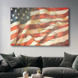 US Flag Oil Painting Wall Art Red White Blue Classic Americana USA Canvas Home Decor Print America the Beautiful Song Lyrics Mantel Decor