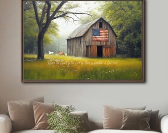 American Flag Framed Wall Art Christian Print Vintage Barn Oil Painting Bible Verse Christian USA Freedom Loving Home Decor 2 Cor. 3