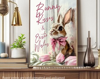 Easter Spring Wall Art Print Bunny Kisses and Easter Wishes Sign Vintage Cute Rabbit Physical Print Decor Frameable Gift for the Home