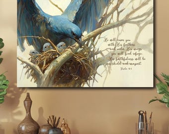 Psalm 91 Wall Art Print Bible Scripture Bird Nest Home Decor Faith Spiritual Wholesome Christian Canvas Art for Entryway Religious Gift Idea