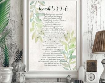 Isaiah 53 Christian Wall Art Bible Verse Scripture Messiah Watercolor Home Decor Spiritual Print Text Art Mantle Entryway Wall Faith Accent