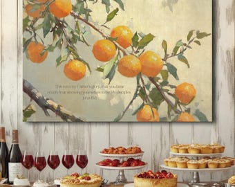 May include: A painting of a branch of orange trees with ripe oranges hanging from the branches. The painting has a quote from the Bible, John 15:8, "This is to my Father's glory, that you bear much fruit, showing yourselves to be My disciples."