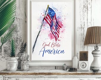 God Bless America Wall Art Print on Paper Patriotic USA Red White Blue Home Decor Watercolor Flag Old Glory American Star Spangled Art