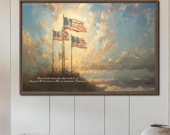 Framed US Flag Home Decor Wall Art Canvas Print Psalm 33 Old Glory Vintage Bible verse Christian USA Freedom Liberty Patriotic Mantel Print