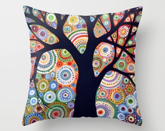 Colorful tree decorative throw pillow cover...from my original abstract landscape painting, "Silent Surrounding" ..16" x 16", birthday gift