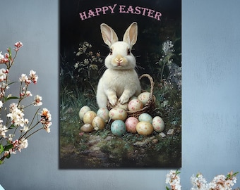 Easter Bunny Wall Art Happy Easter Canvas Sign Print Vintage Spring Seasonal Mantel Accent White Rabbit with Eggs Basket Home Decor