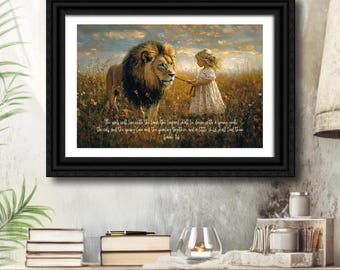 Christian Bible verse wall art Isaiah 11:6 scripture home decor sign rustic farmhouse religious Lion and Lamb faith Godly decor gift