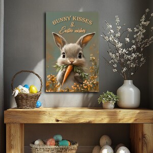 May include: A cute cartoon bunny rabbit holding a carrot in its paws. The bunny is surrounded by yellow flowers. The text "Bunny Kisses & Easter Wishes" is above the bunny.