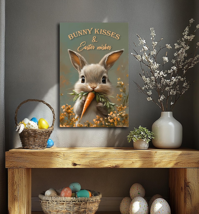 May include: A cute cartoon bunny rabbit holding a carrot in its paws. The bunny is surrounded by yellow flowers. The text "Bunny Kisses & Easter Wishes" is above the bunny.