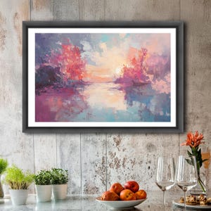 Feminine Pink Sky Landscape Oil Painting Art Print Wall Decor Pink Blue Peaceful Clouds Nature Floral Magical Woodland Fantasy Home Gift