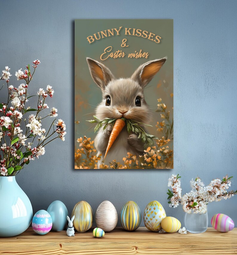May include: A cute cartoon bunny rabbit holding a carrot in its mouth. The bunny is surrounded by yellow flowers and the text "Bunny Kisses & Easter Wishes" is at the top of the image.