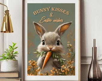 Easter bunny spring wall art, Bunny kisses and Easter wishes print sign, vintage spring wall art on paper, cute rabbit home decor gift