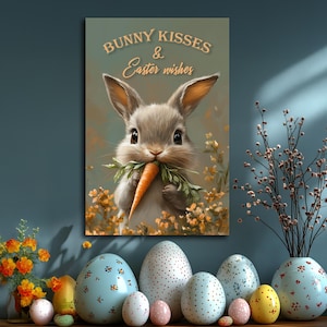 May include: A cute bunny rabbit holding a carrot in its mouth with the text "Bunny Kisses & Easter Wishes" above it. The bunny is surrounded by yellow flowers and green leaves.