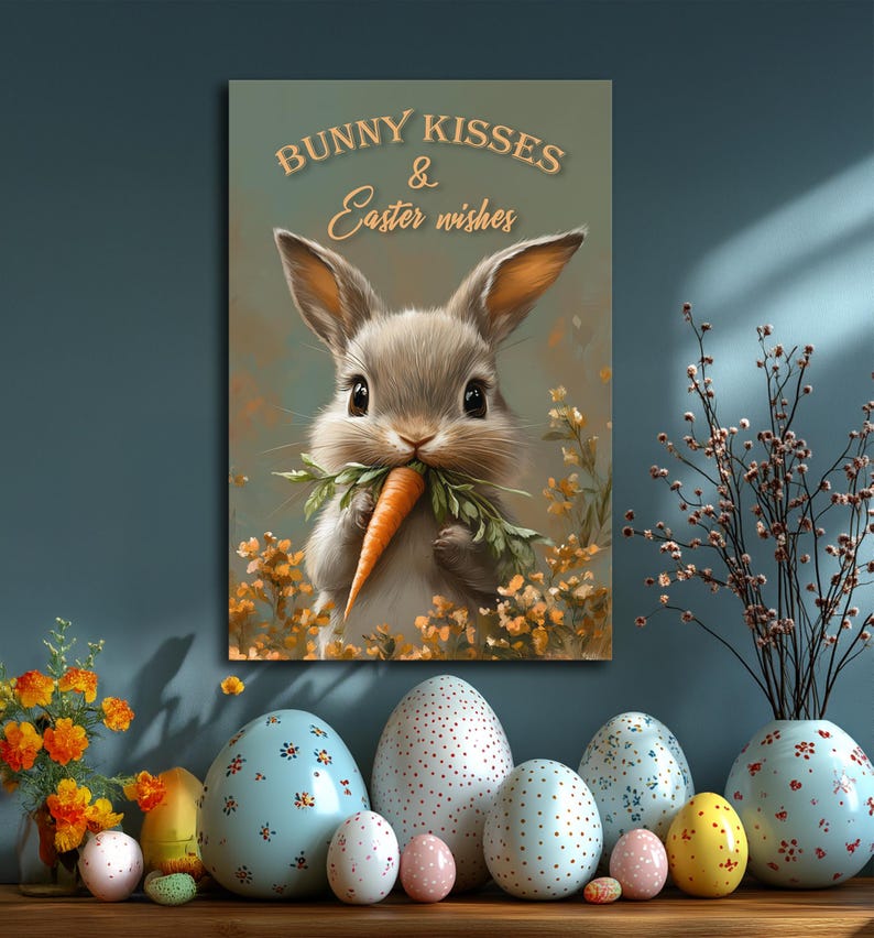 May include: A cute bunny rabbit holding a carrot in its mouth with the text "Bunny Kisses & Easter Wishes" above it. The bunny is surrounded by yellow flowers and green leaves.
