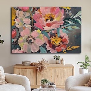 Extra Large Dark Floral Canvas Wall Art Moody Botanical Oil Painting Print Vintage Style Flower Decor Baroque Inspired Elegant Wall Decor