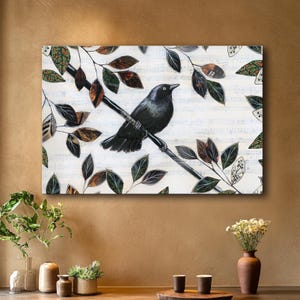 May include: A black bird perched on a branch with green and brown leaves against a white background with musical notes.