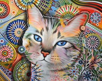 Modern cat fine art giclee print / Abstract cat pet animal Art "Clara" Signed Print of my original cat painting by Amy Giacomelli