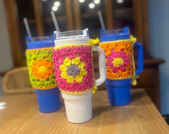Funda para vaso acogedora, tejida a crochet, brillante, de verano, Stanley Accessories, hecha a pedido