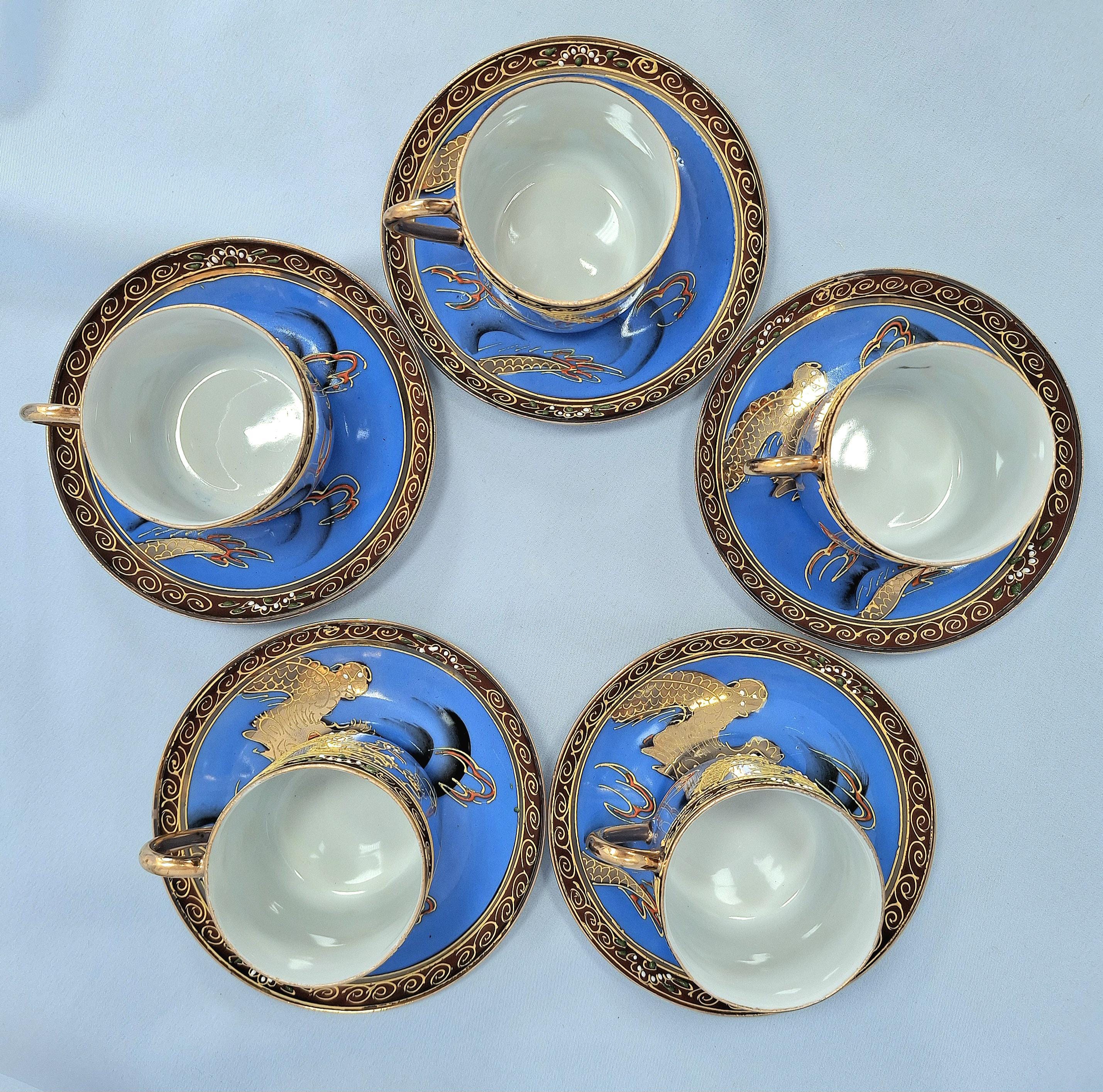 Antique Japanese Tea Coffee Set: Hand-Painted Coloured Enamel, Porcelain, Golden Dragon — image 5